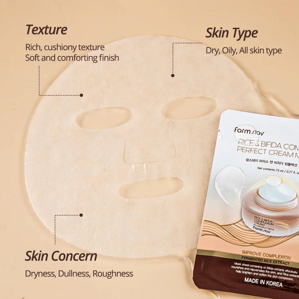 Atjaunojoša auduma maska FARMSTAY Rice & Bifida Complexion Cream Mask