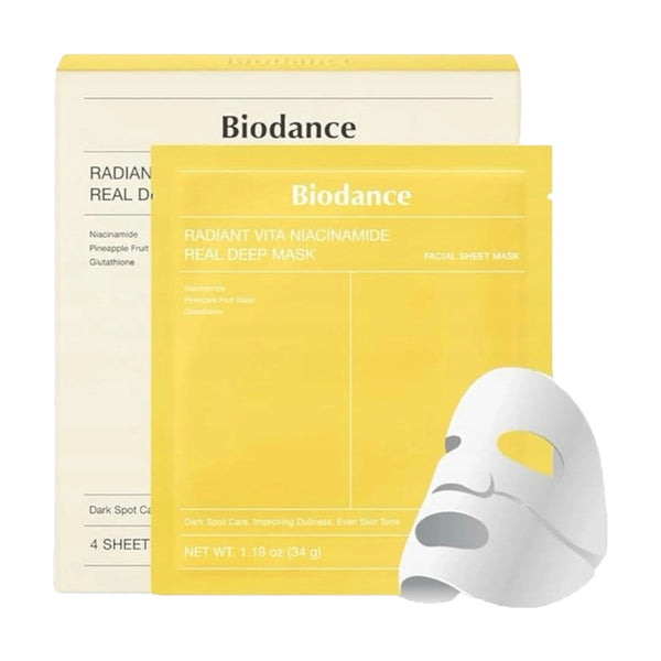 Hidrogela maska ar niacinamīdu mirdzuma piešķiršanai ādai Biodance Radiant Vita Niacinamide Real Deep Mask